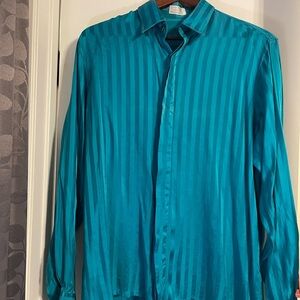 Vintage Genelli 100% Silk Button Up Shirt Mens L Tone On Tone Striped Teal